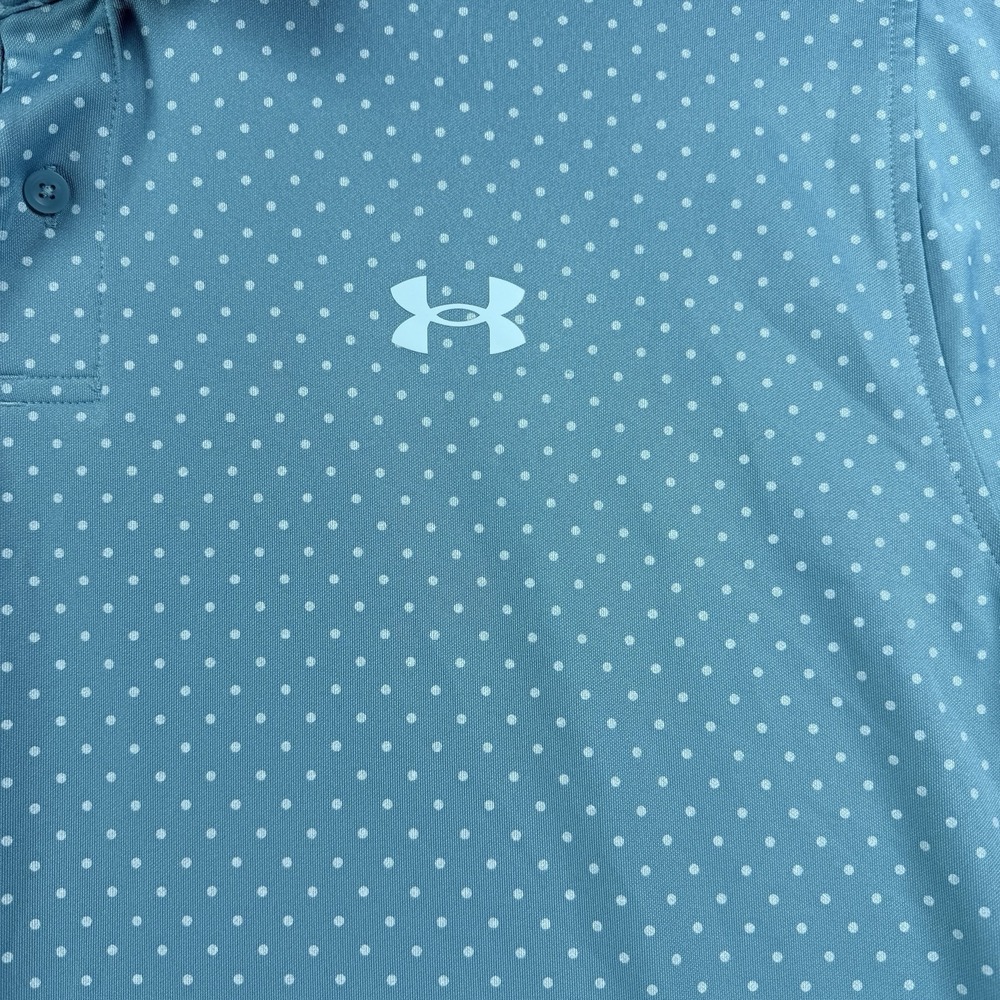 Mens Under Armour Performance Polo Shirt Polka Dot Blue Size 2XL Heat Gear Golf - Picture 5 of 7